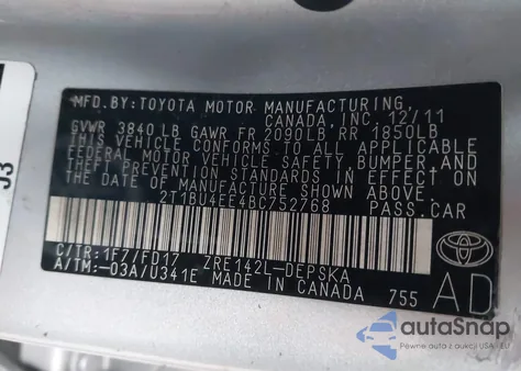 2011 Toyota Corolla S z USA, uszkodzony, nr VIN 2T1BU4EE4BC752768